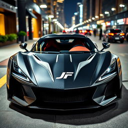 A striking carbon fiber sports car featuring the 'JF' logo prominently displayed in the center of its aggressive front grille