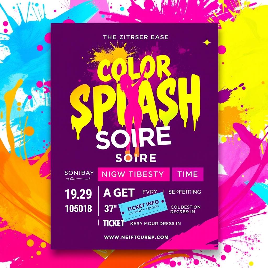 A flyer design for an event called 'Color Splash Soiree' featuring a vibrant and dynamic background with bold splashes of neon colors like pink, blue, yellow, and purple