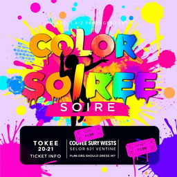 A flyer design for an event called 'Color Splash Soiree' featuring a vibrant and dynamic background with bold splashes of neon colors like pink, blue, yellow, and purple