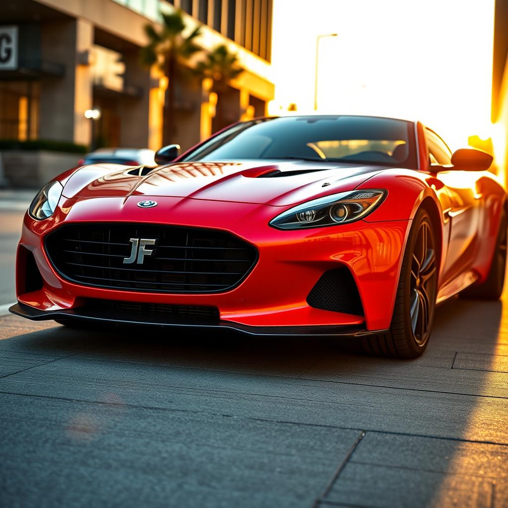 A sleek and stylish sports car with minimal carbon fiber accents, featuring a prominent 'JF' logo beautifully centered on the front grille