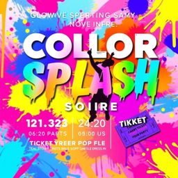 A flyer design for an event called 'Color Splash Soiree' featuring a vibrant and dynamic background with bold splashes of neon colors like pink, blue, yellow, and purple