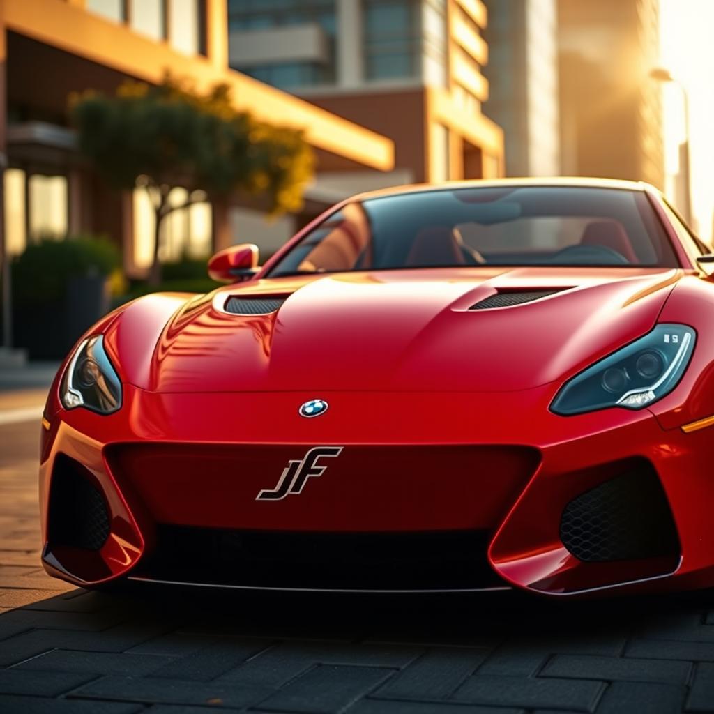 A sleek and stylish sports car with minimal carbon fiber accents, featuring a prominent 'JF' logo beautifully centered on the front grille