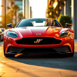 A sleek and stylish sports car with minimal carbon fiber accents, featuring a prominent 'JF' logo beautifully centered on the front grille