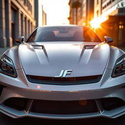 A sleek and stylish sports car with minimal carbon fiber accents, featuring a prominent 'JF' logo beautifully centered on the front grille