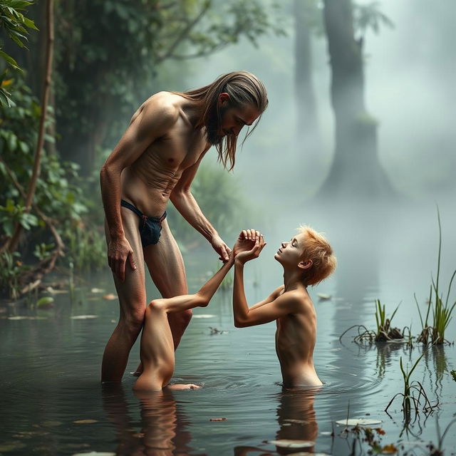 In a mystical swamp setting, on the right stands a naked, emaciated tall man with long hair and a beard, characterized by a masculine, thin physique with a tiny waist and prominent obliques