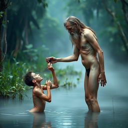 In a mystical swamp setting, on the right stands a naked, emaciated tall man with long hair and a beard, characterized by a masculine, thin physique with a tiny waist and prominent obliques