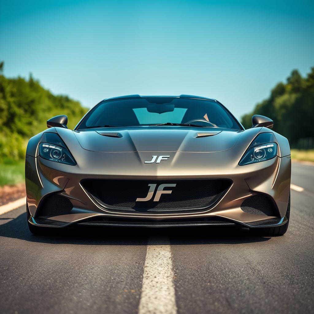 A modern sports car featuring a striking 'JF' logo centered on the front grille