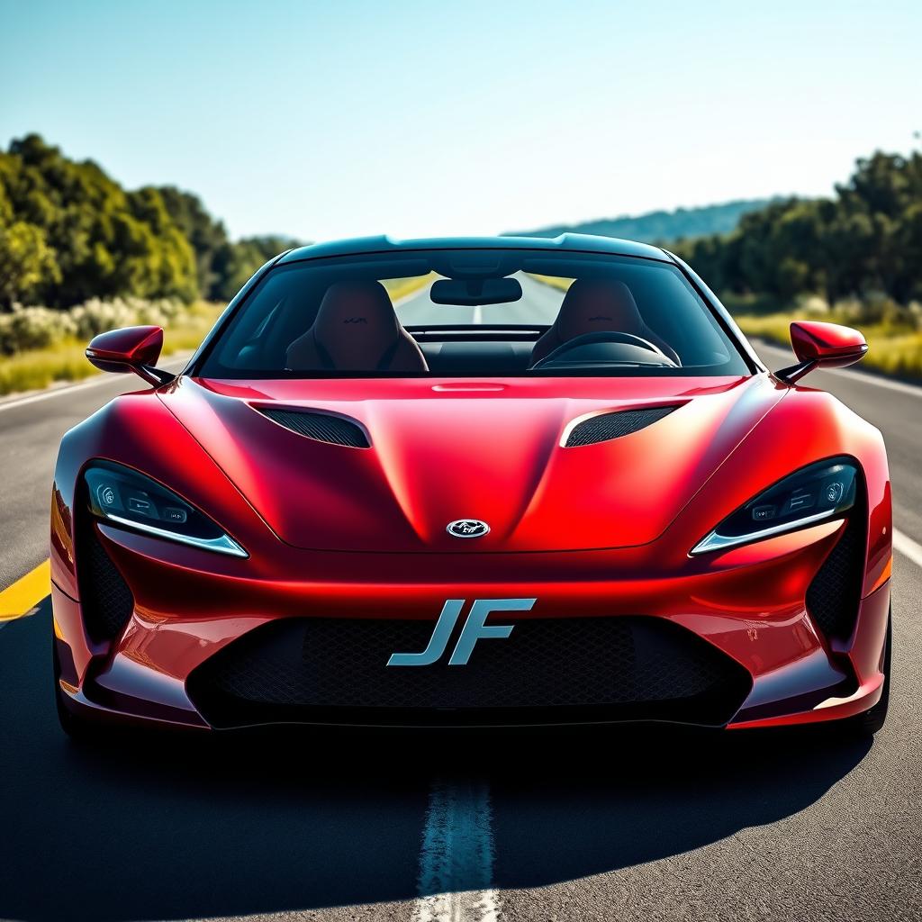 A modern sports car featuring a striking 'JF' logo centered on the front grille