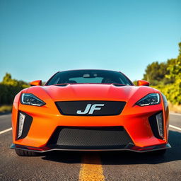 A modern sports car featuring a striking 'JF' logo centered on the front grille