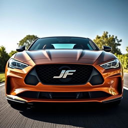 A modern sports car featuring a striking 'JF' logo centered on the front grille