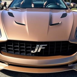 A stylish sports car featuring a prominent 'JF' logo centered on the front grille