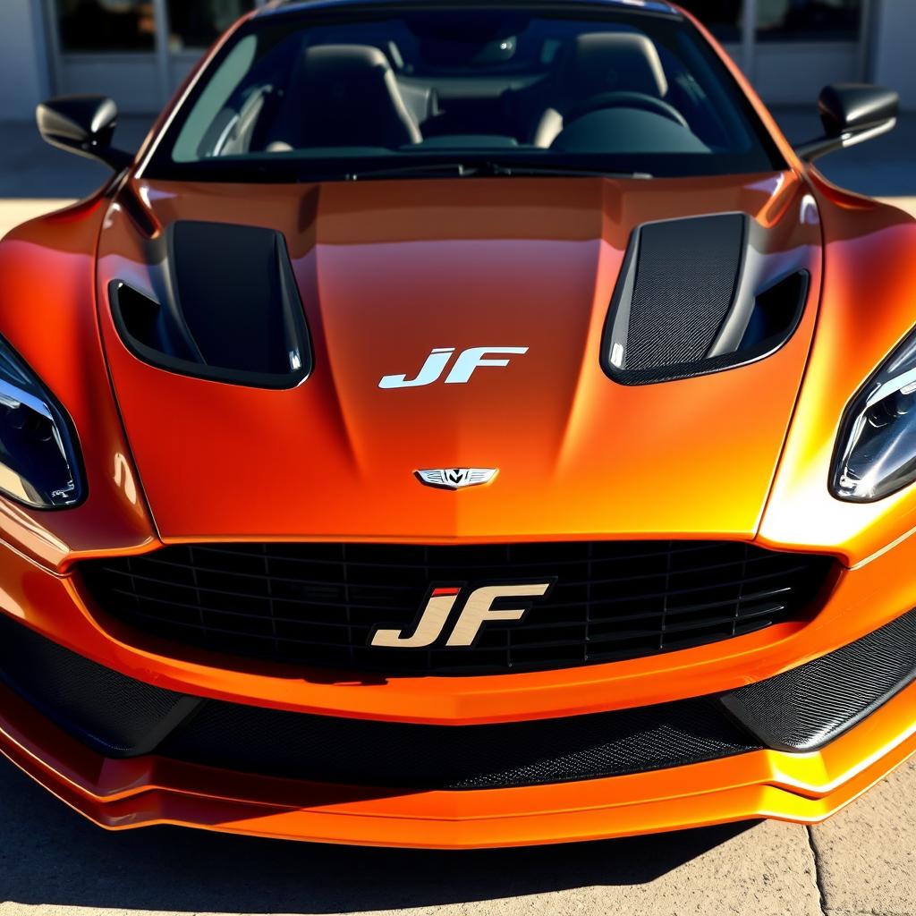 A stylish sports car featuring a prominent 'JF' logo centered on the front grille