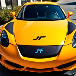 A stylish sports car featuring a prominent 'JF' logo centered on the front grille