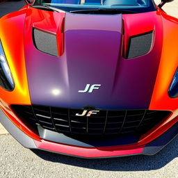 A stylish sports car featuring a prominent 'JF' logo centered on the front grille