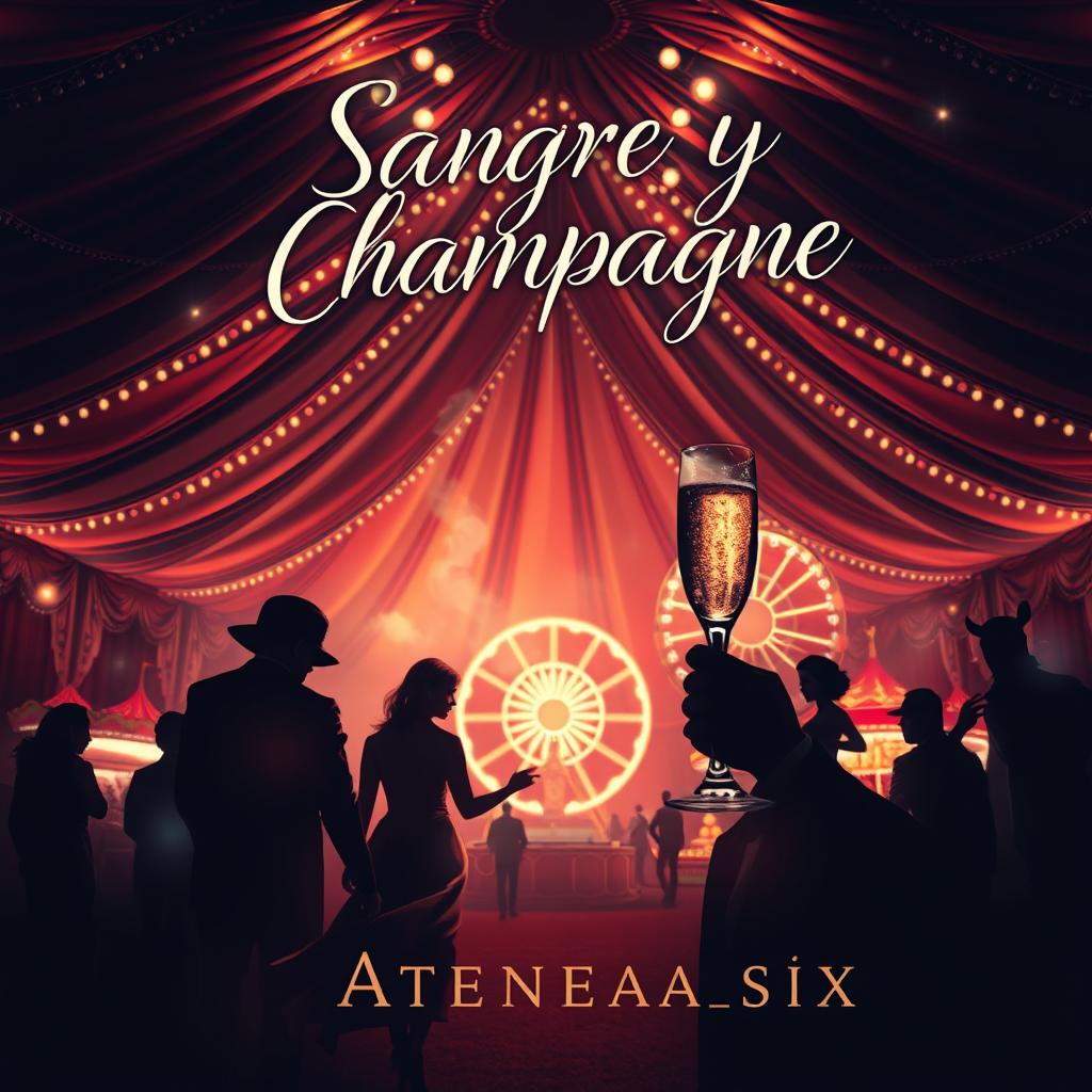 A captivating book cover design for a suspenseful novel titled 'Sangre y Champagne' by author Atenea_six