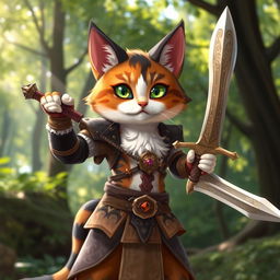 A humanoid calico cat character standing confidently with a sword in its hand, showcasing a beautiful blend of orange, black, and white fur patterns