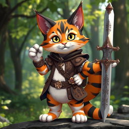 A humanoid calico cat character standing confidently with a sword in its hand, showcasing a beautiful blend of orange, black, and white fur patterns