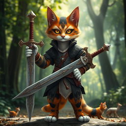 A humanoid calico cat character standing confidently with a sword in its hand, showcasing a beautiful blend of orange, black, and white fur patterns