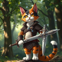 A humanoid calico cat character standing confidently with a sword in its hand, showcasing a beautiful blend of orange, black, and white fur patterns