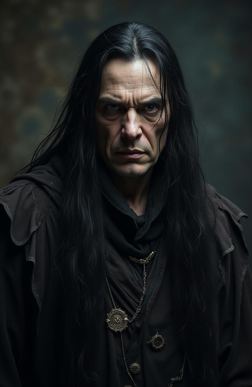 A hyper-realistic portrayal of Grima Wormtongue from Lord of the Rings, featuring his distinctive long dark hair, pale skin, and piercing eyes