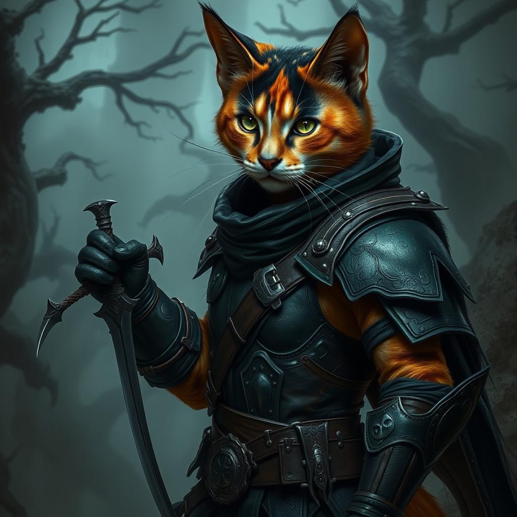 A humanoid calico cat character embodying a dark fantasy aesthetic, clad in rugged leather armor that fits its agile form