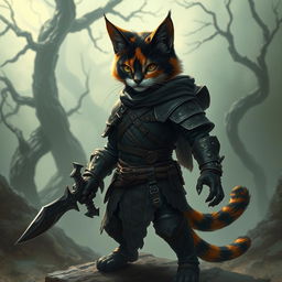 A humanoid calico cat character embodying a dark fantasy aesthetic, clad in rugged leather armor that fits its agile form