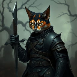 A humanoid calico cat character embodying a dark fantasy aesthetic, clad in rugged leather armor that fits its agile form