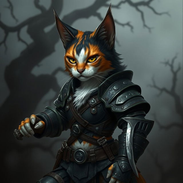 A humanoid calico cat character embodying a dark fantasy aesthetic, clad in rugged leather armor that fits its agile form