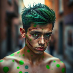 A young man with vibrant green spots scattered across his body and face, featuring Frankenstein-style scars