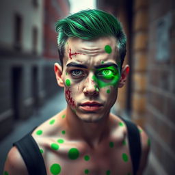 A young man with vibrant green spots scattered across his body and face, featuring Frankenstein-style scars