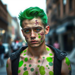 A young man with vibrant green spots scattered across his body and face, featuring Frankenstein-style scars