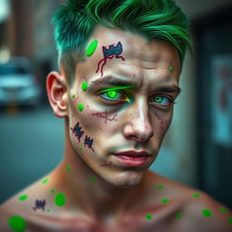 A young man with vibrant green spots scattered across his body and face, featuring Frankenstein-style scars