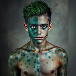 A young man with an asymmetrical green spotted skin pattern across his body and face, featuring Frankenstein-style scars