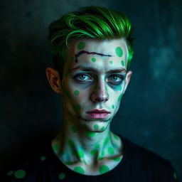 A young man with an asymmetrical green spotted skin pattern across his body and face, featuring Frankenstein-style scars