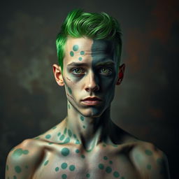 A young man with an asymmetrical green spotted skin pattern across his body and face, featuring Frankenstein-style scars