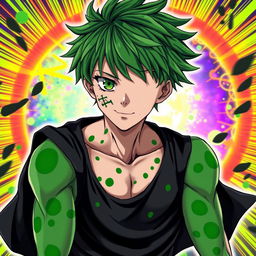 A young man in anime style, featuring an asymmetrical green spotted skin pattern scattered across his body and face, showcasing Frankenstein-style scars