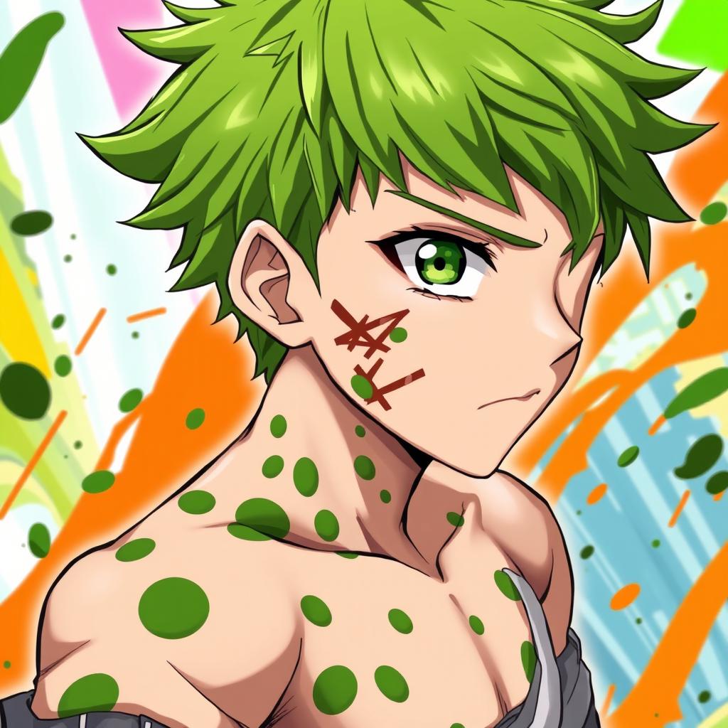 A young man in anime style, featuring an asymmetrical green spotted skin pattern scattered across his body and face, showcasing Frankenstein-style scars