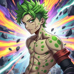 A young man in anime style, featuring an asymmetrical green spotted skin pattern scattered across his body and face, showcasing Frankenstein-style scars