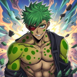 A young man in anime style, featuring an asymmetrical green spotted skin pattern scattered across his body and face, showcasing Frankenstein-style scars