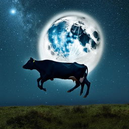 A joyful cow leaping over a large, luminous full moon against a dark starry night sky.