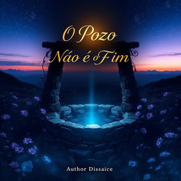 A captivating ebook cover design for "O Poço Não É o Fim" featuring a deep, dark well situated in an ethereal landscape