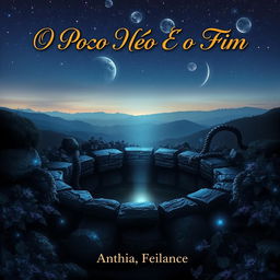 A captivating ebook cover design for "O Poço Não É o Fim" featuring a deep, dark well situated in an ethereal landscape