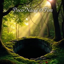 A captivating and artistic book cover for the title 'Poço Não É O Fim', featuring a deep, dark well set against a lush, vibrant forest backdrop