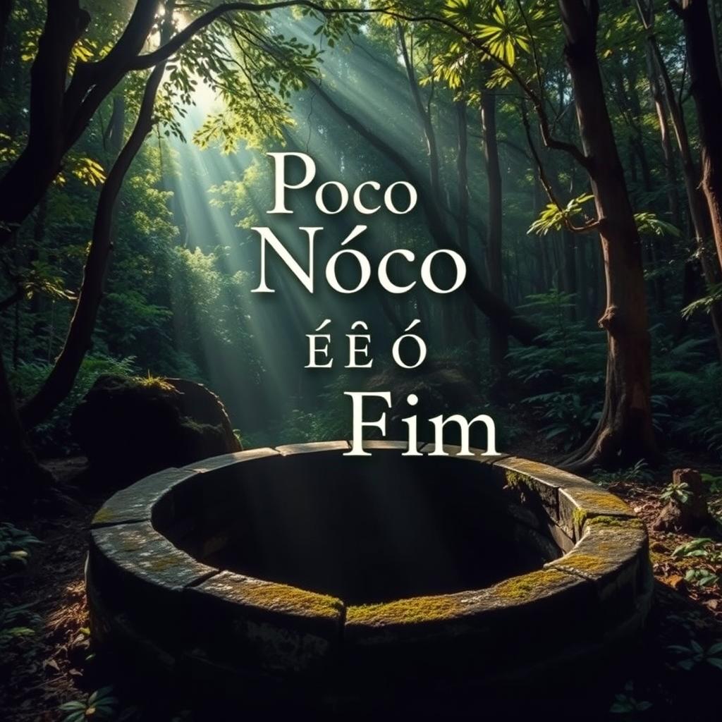 A captivating and artistic book cover for the title 'Poço Não É O Fim', featuring a deep, dark well set against a lush, vibrant forest backdrop