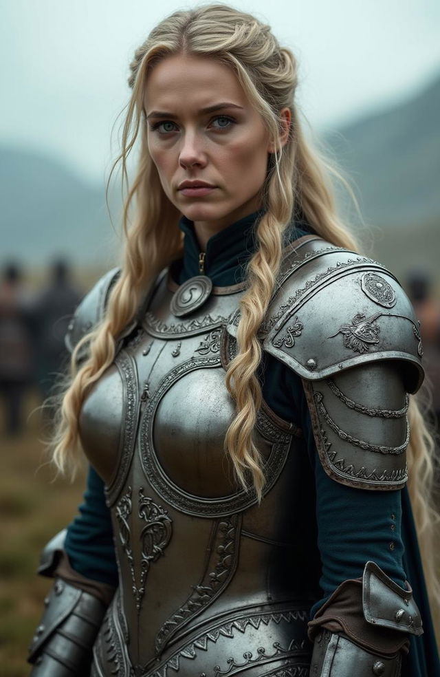 A hyper-realistic portrayal of Éowyn, depicted as a woman in her 30s, the courageous warrior from Lord of the Rings, clad in intricate metal armor that glistens with the reflection of the battle around her