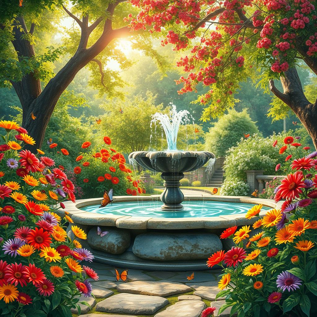 A large, detailed depiction of a beautifully decorated garden, showcasing vibrant flowers in full bloom with vivid colors like reds, yellows, and purples, surrounded by lush green foliage