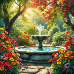 A large, detailed depiction of a beautifully decorated garden, showcasing vibrant flowers in full bloom with vivid colors like reds, yellows, and purples, surrounded by lush green foliage