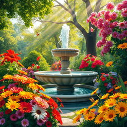 A large, detailed depiction of a beautifully decorated garden, showcasing vibrant flowers in full bloom with vivid colors like reds, yellows, and purples, surrounded by lush green foliage