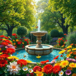 A large, detailed depiction of a beautifully decorated garden, showcasing vibrant flowers in full bloom with vivid colors like reds, yellows, and purples, surrounded by lush green foliage