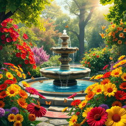 A large, detailed depiction of a beautifully decorated garden, showcasing vibrant flowers in full bloom with vivid colors like reds, yellows, and purples, surrounded by lush green foliage